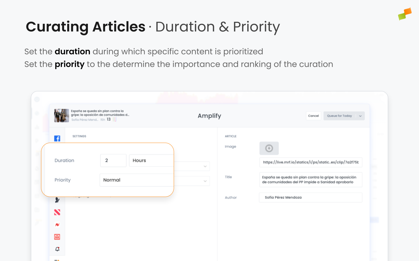 Marfeel Recommender curation settings showing duration slider and priority selector