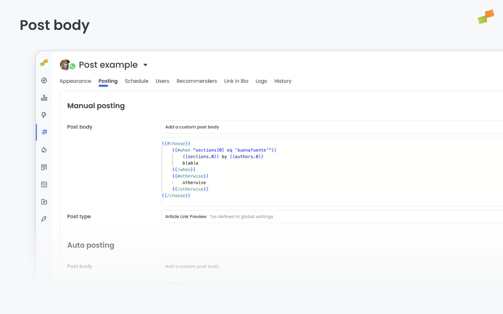 Post body template editor with placeholder fields and preview|690x431