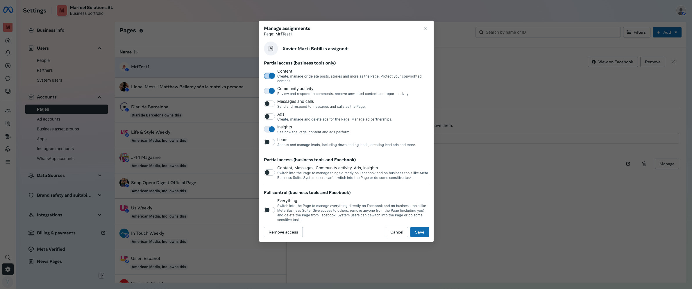 Minimum required Meta Business Suite page roles for Marfeel integration|690x288