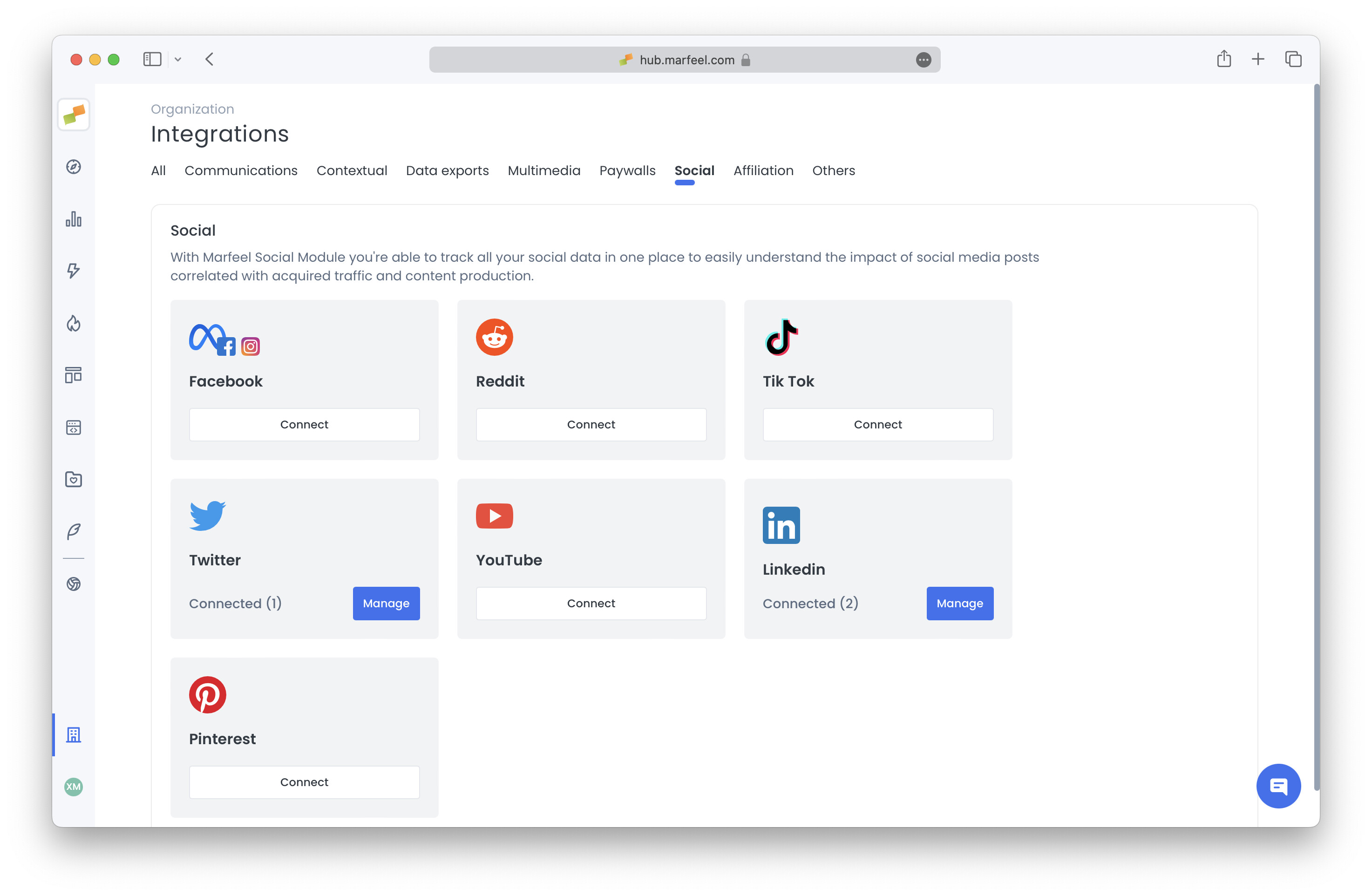 Marfeel Integrations page showing the Social section with the TikTok Connect button|690x450