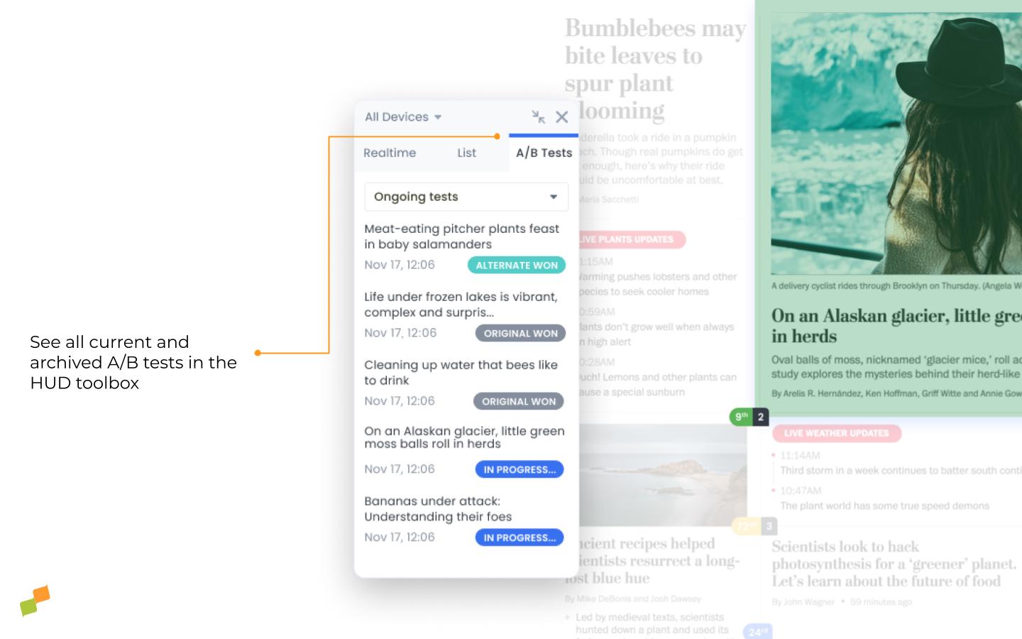 HUD toolkit displaying a list of ongoing and archived A/B test results|690x431