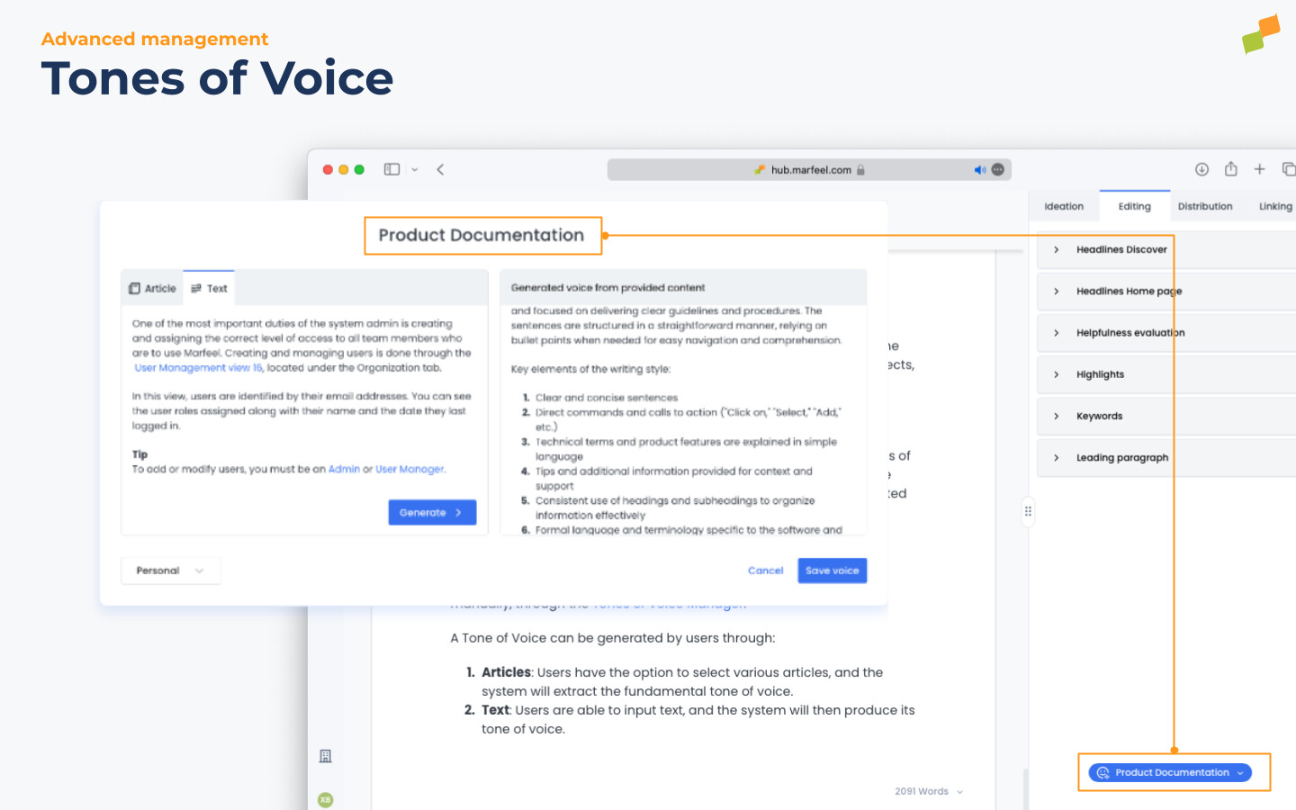 Tones of Voice Manager showing the creation interface for custom writing styles