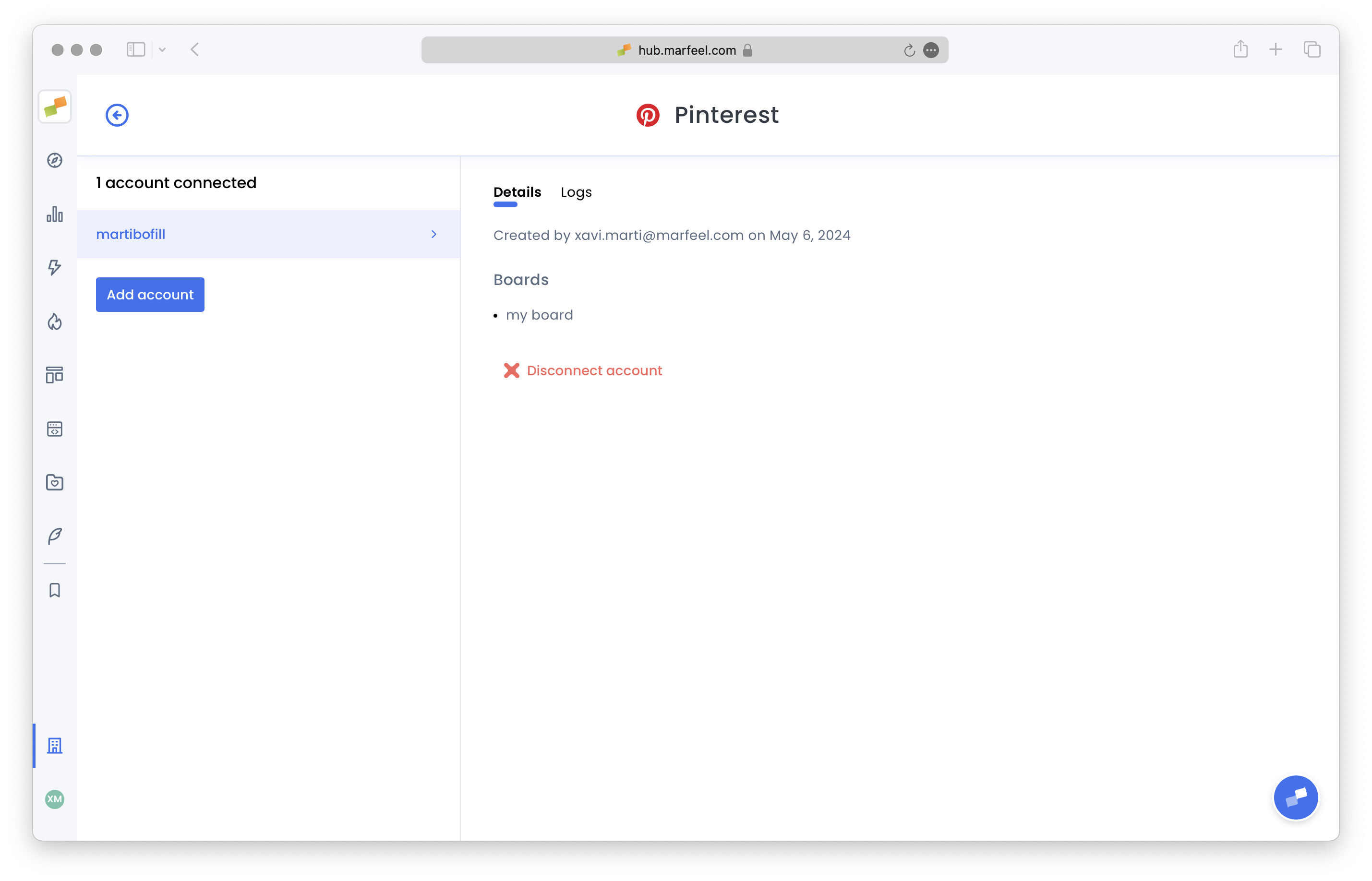 Connected Pinterest integration displaying the list of available boards|690x443