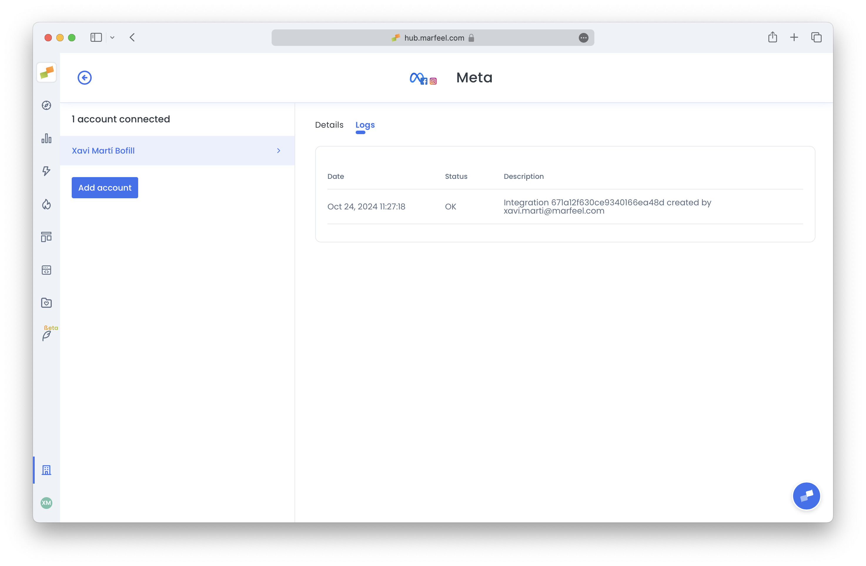 Logs tab inside the Meta integration showing data extraction history|690x450