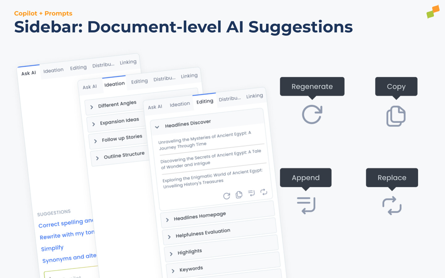 Marfeel Copilot Sidebar showing document-level AI Suggestions grouped by Ideation, Editing, and Distribution