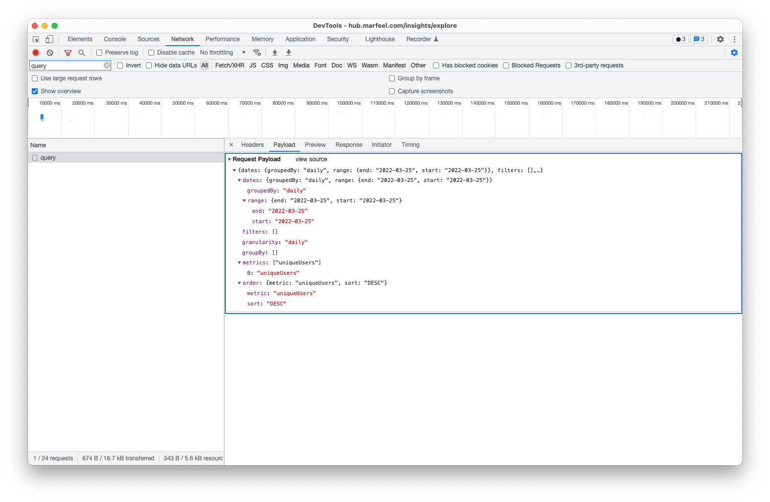 Browser Developer Tools Network panel showing the payload of a POST request to the Marfeel Reporting API endpoint