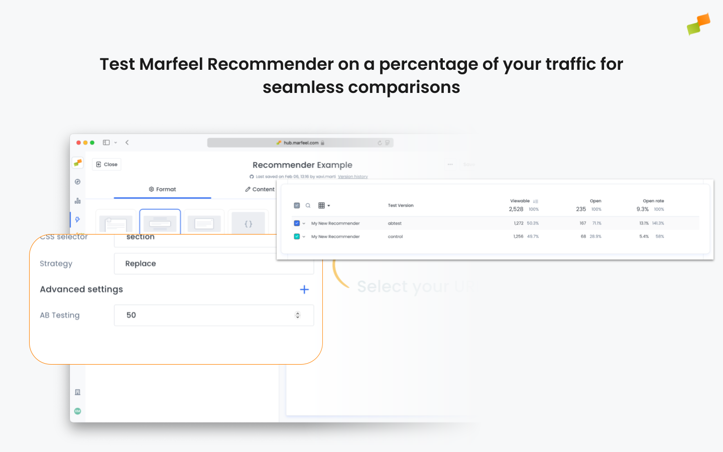 A/B testing percentage configuration in Format tab Advanced settings