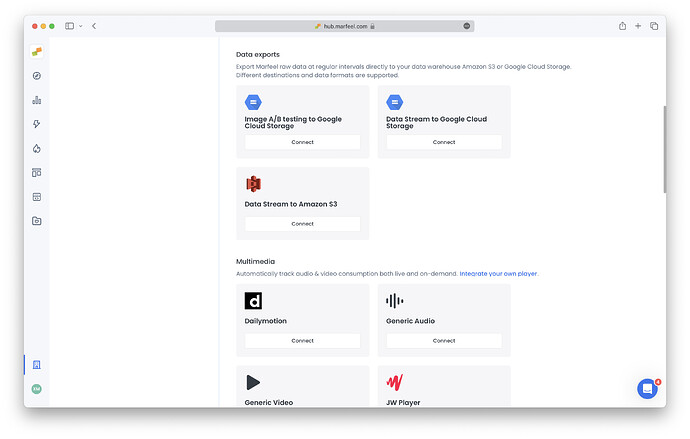 Marfeel organization integrations page showing the Data exports section|690x439