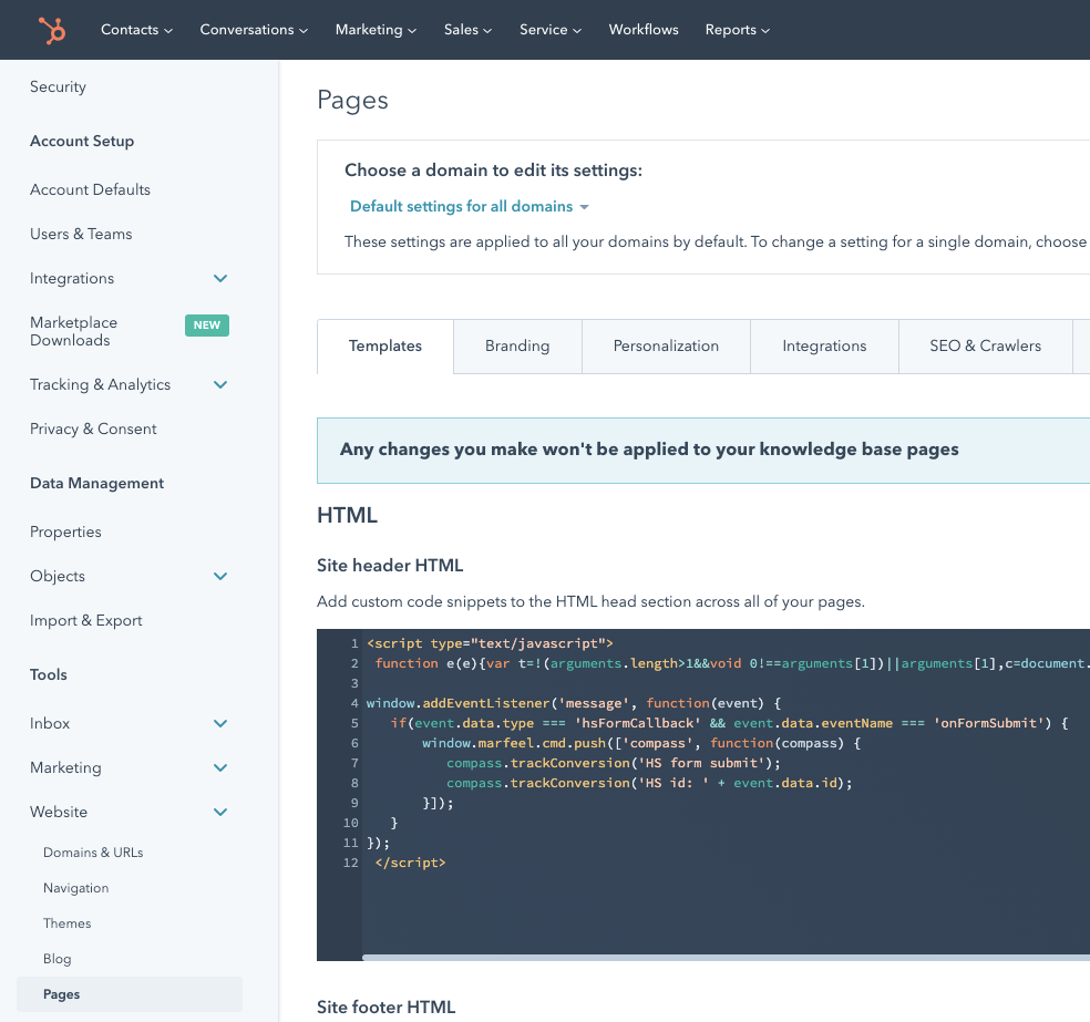 HubSpot site header settings showing where to paste the Marfeel SDK script|613x574