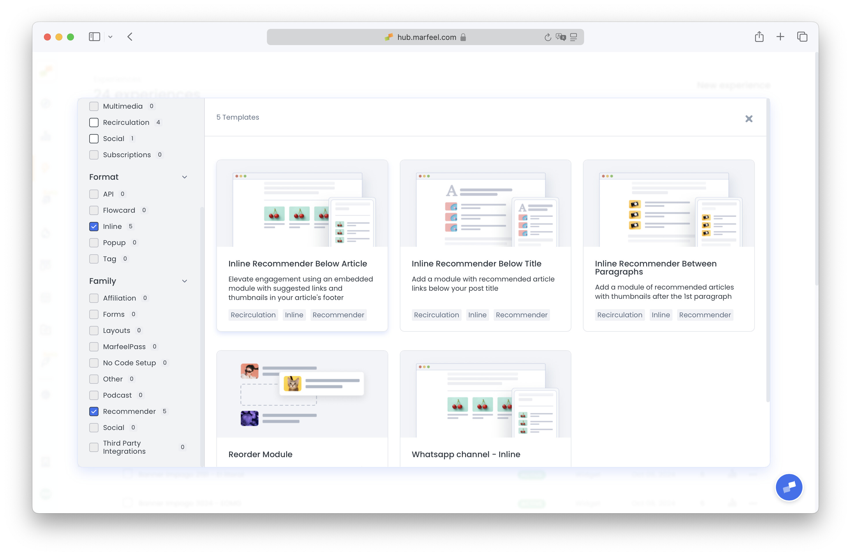 Experience Manager template selection showing Inline format and Recommender family filters|690x450