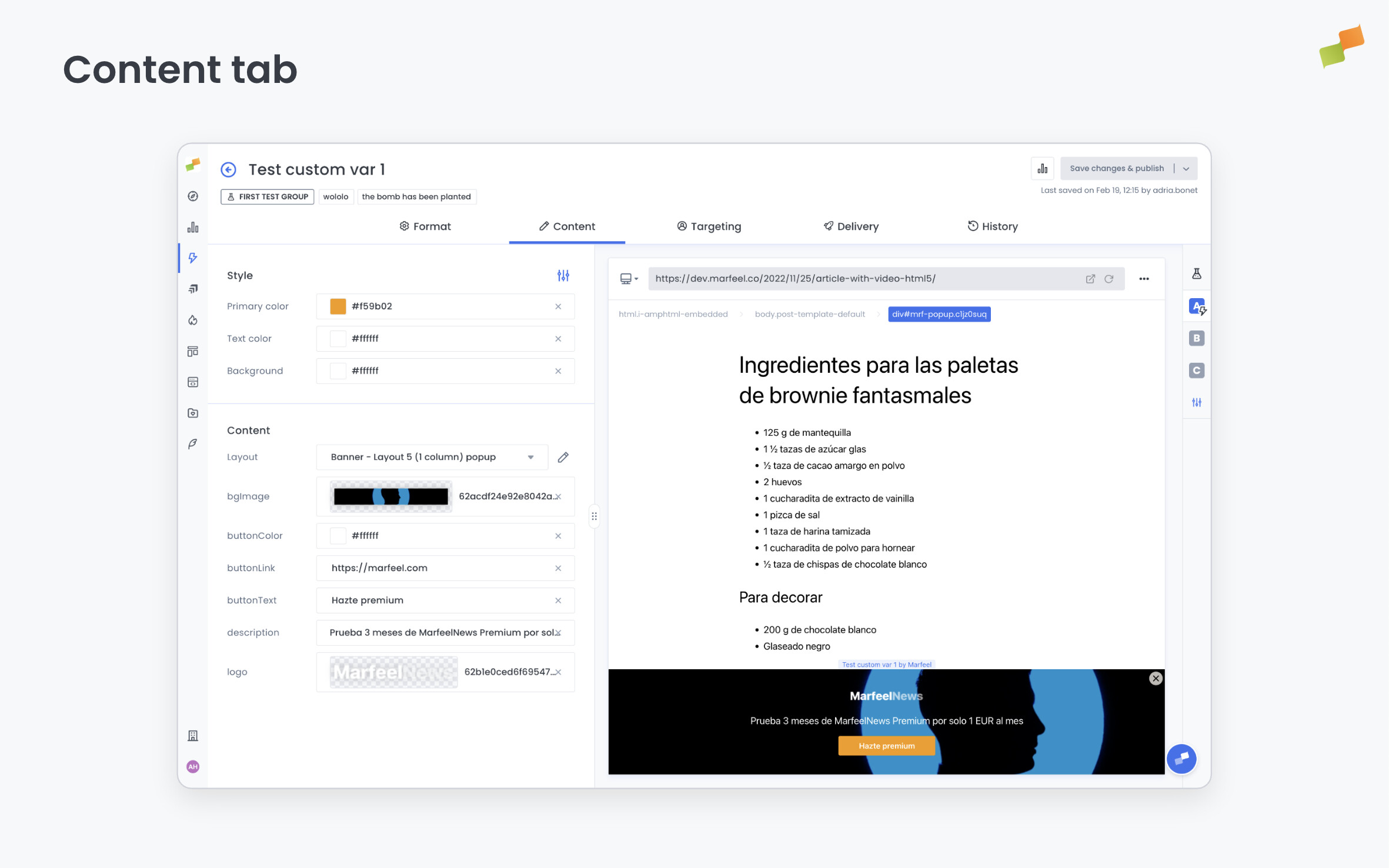 Popup Content tab showing layout and style configuration options|689x431