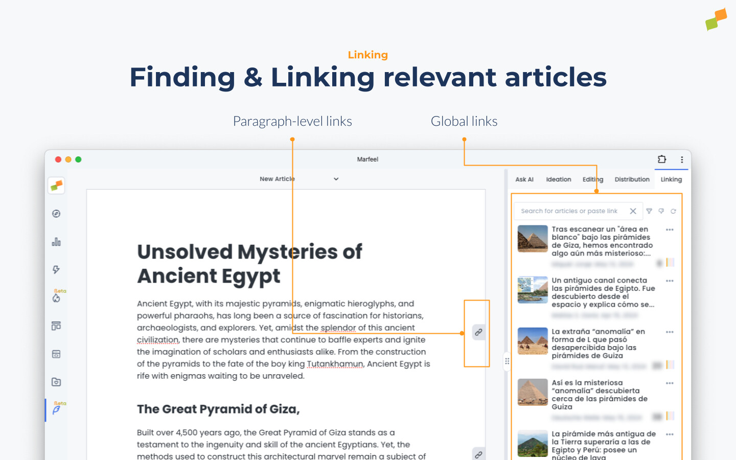 Marfeel Copilot Linking tab showing related article suggestions at document and paragraph levels