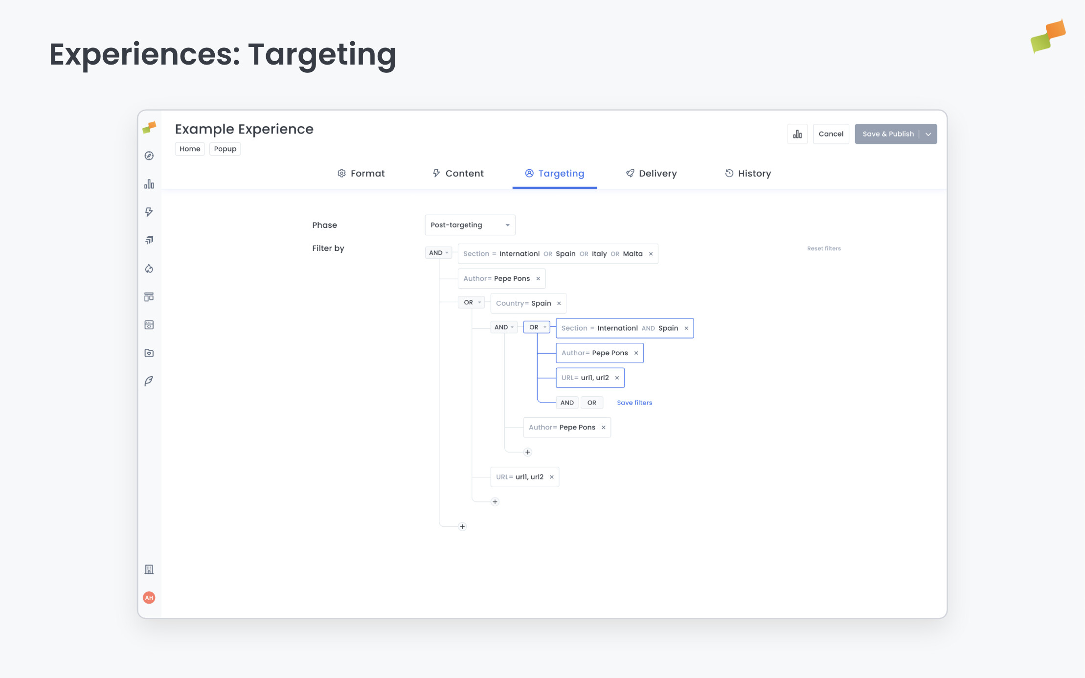 Experience Manager Targeting tab showing editorial and user signal filter configuration|690x431