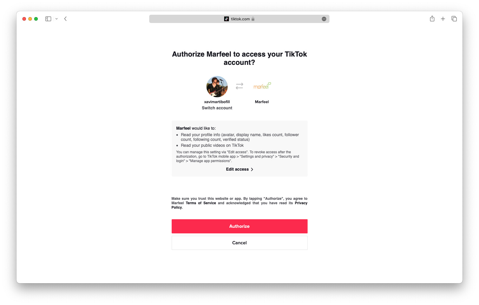 TikTok OAuth authorization screen requesting permissions|690x439
