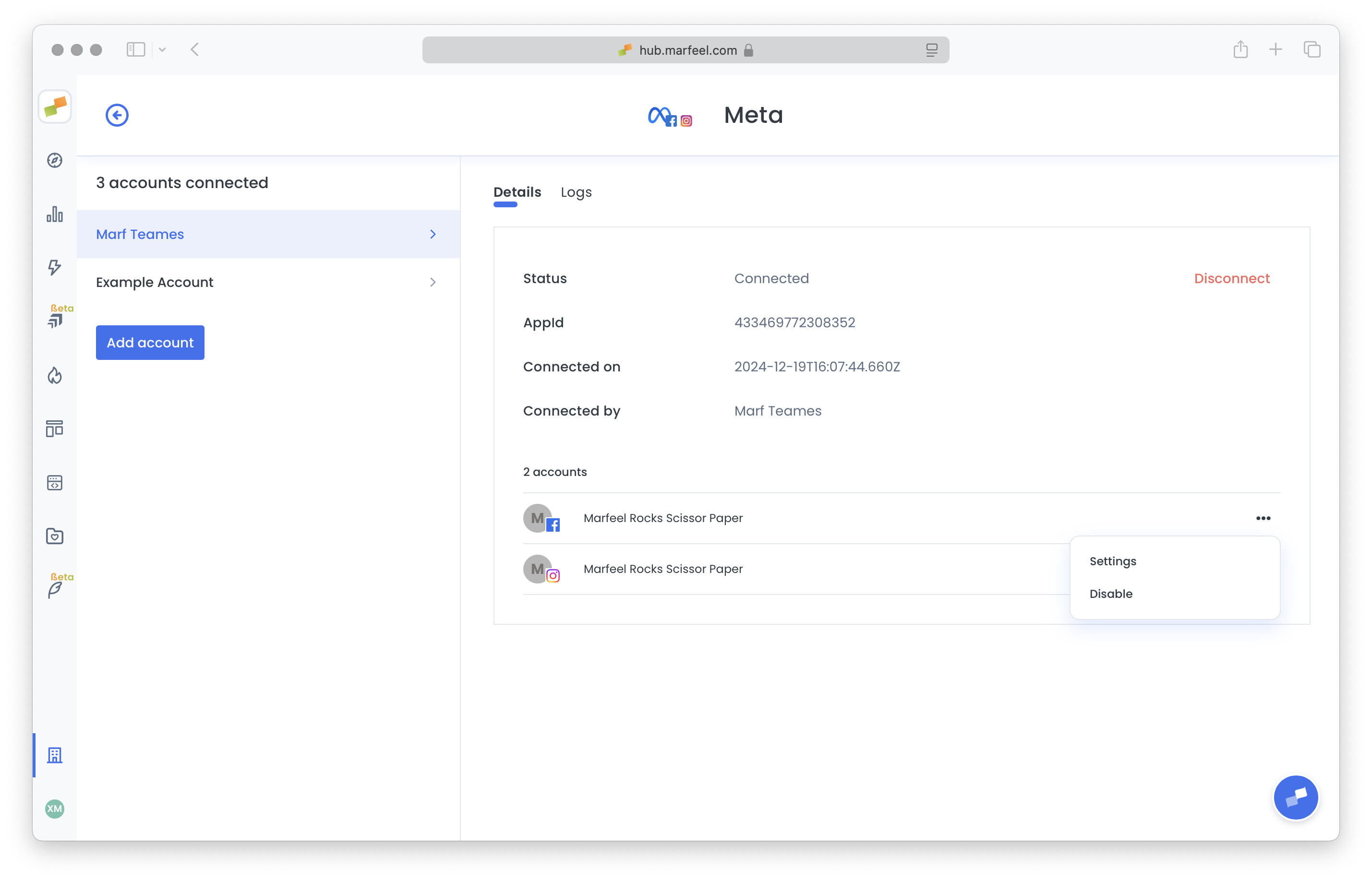 Completed Meta integration card displaying connected Facebook pages and Instagram accounts|690x443