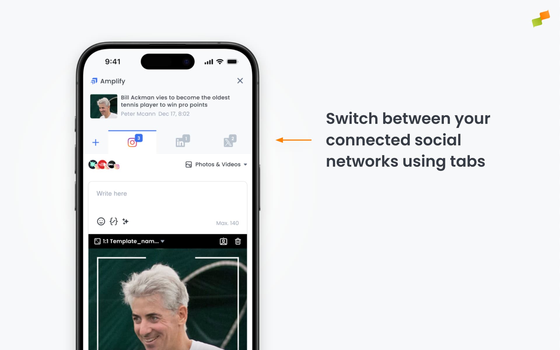Social post scheduler on mobile showing tabbed network selection with one tab per connected social network|690x431
