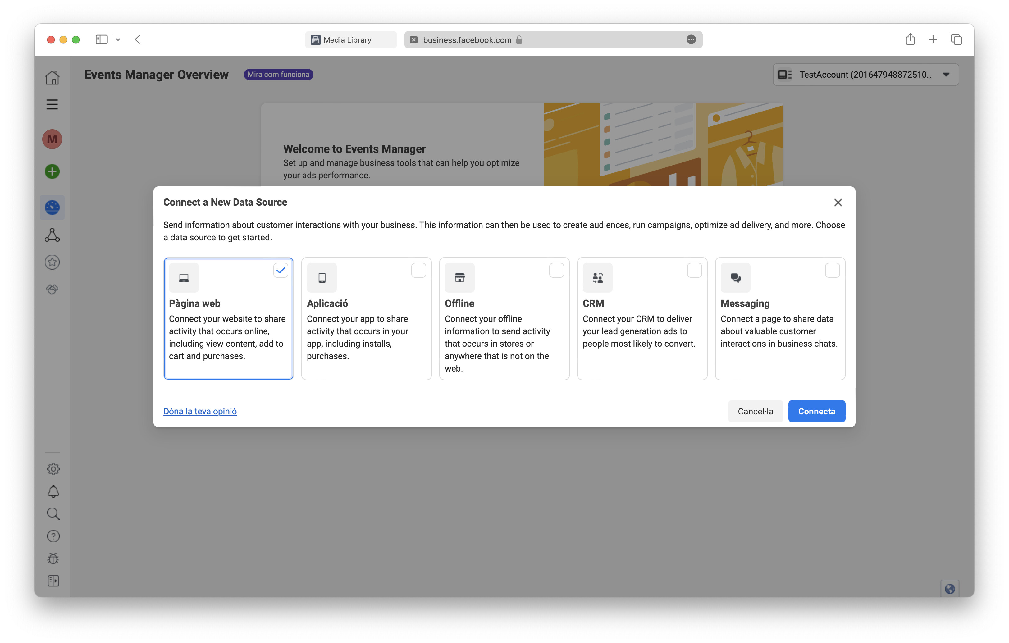 Events Manager Connect Data Sources dialog with Web option|690x439