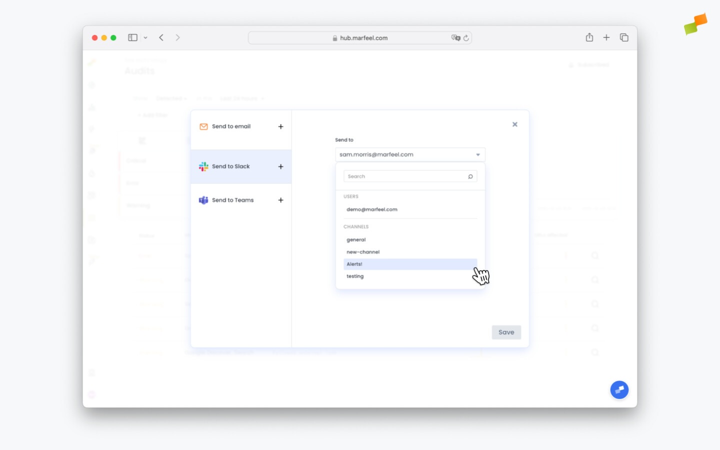 Subscription dialog with delivery channel options for Slack, Teams, and email|690x431
