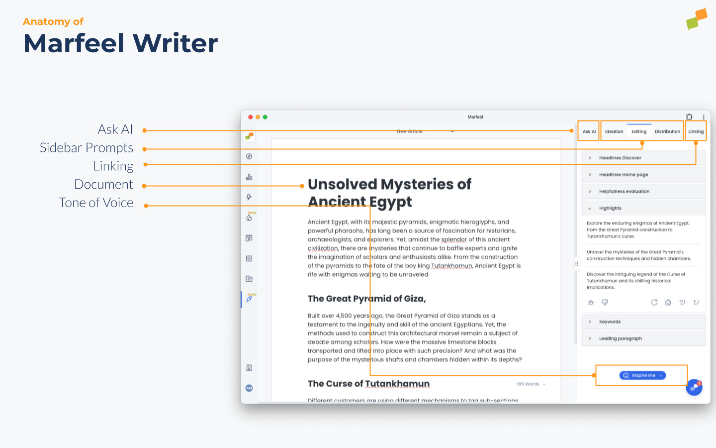 Marfeel Writer UI showing the document editor, sidebar AI suggestions, and selection bar