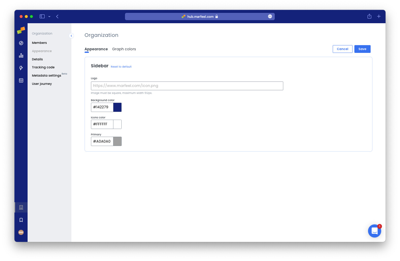 Sidebar preview with custom organization branding applied|690x449
