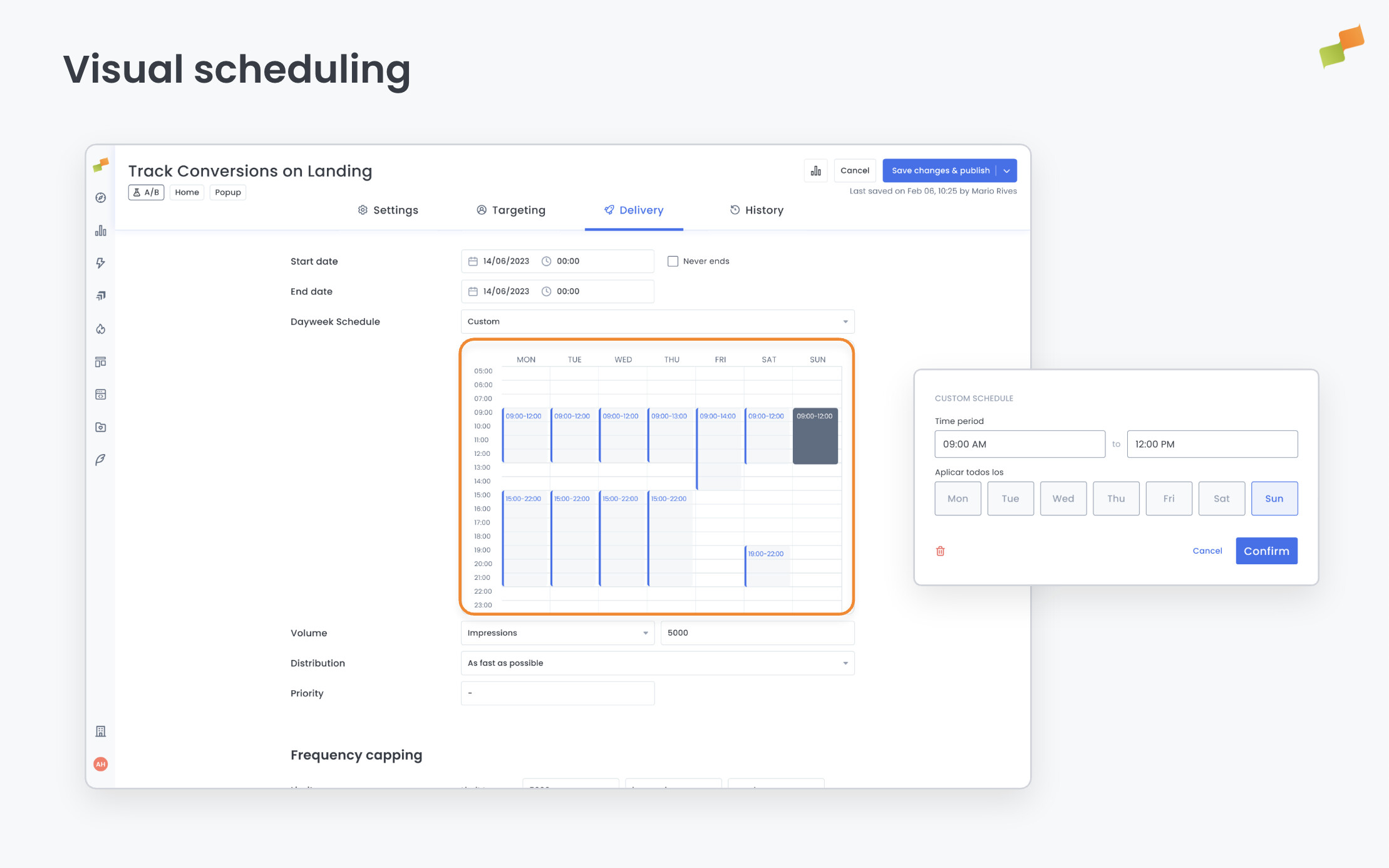 Experience Manager Delivery tab showing scheduling, frequency capping, and priority settings|690x431