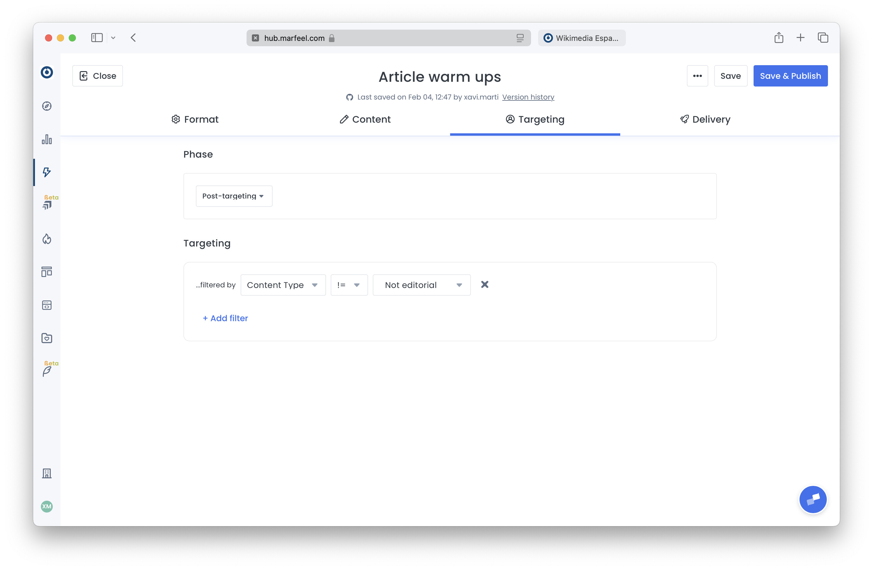 Targeting tab with content type filter configuration|690x450