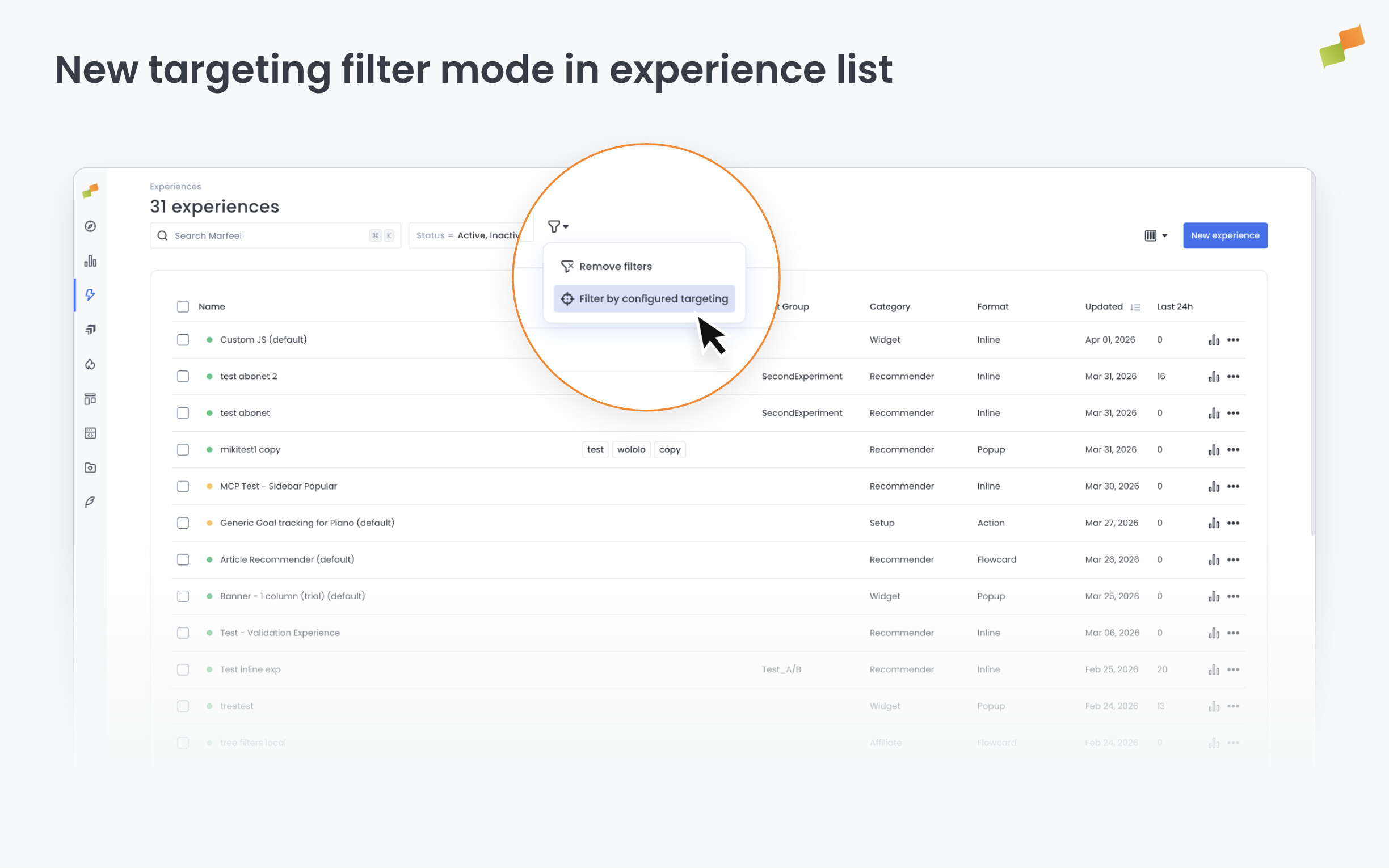 New targeting filter mode in experience list|690x431