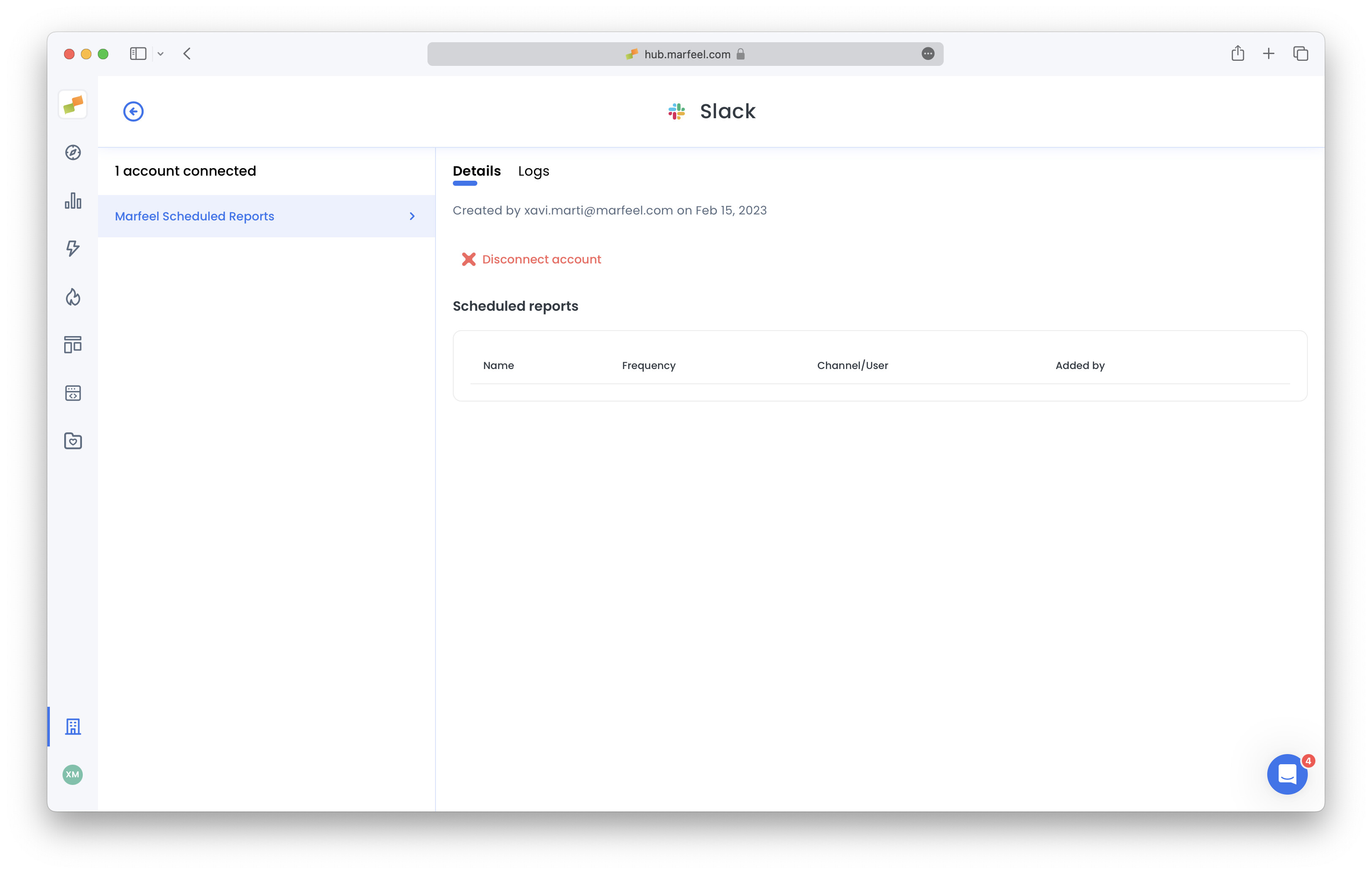 Connected Slack integration showing active report subscriptions and Logs tab|690x439
