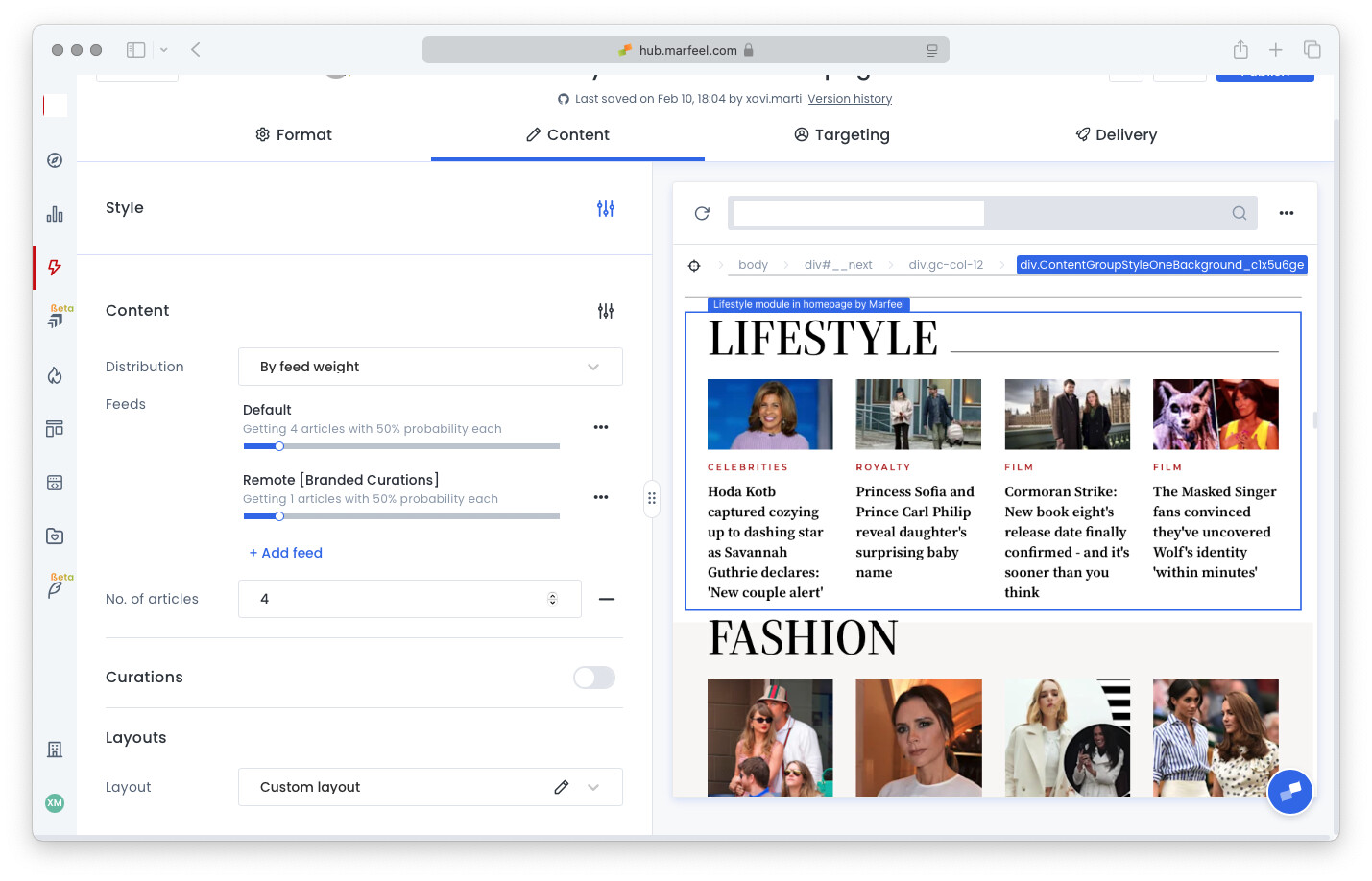 Feed distribution settings with By Feed Weight selected and article cap configured