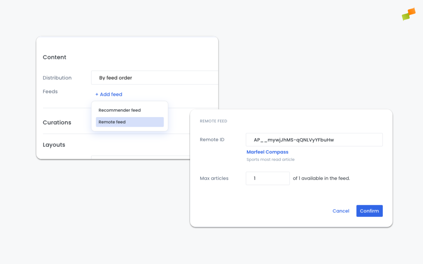 Content tab showing a Remote Feed configured with the copied Shareable Feed ID