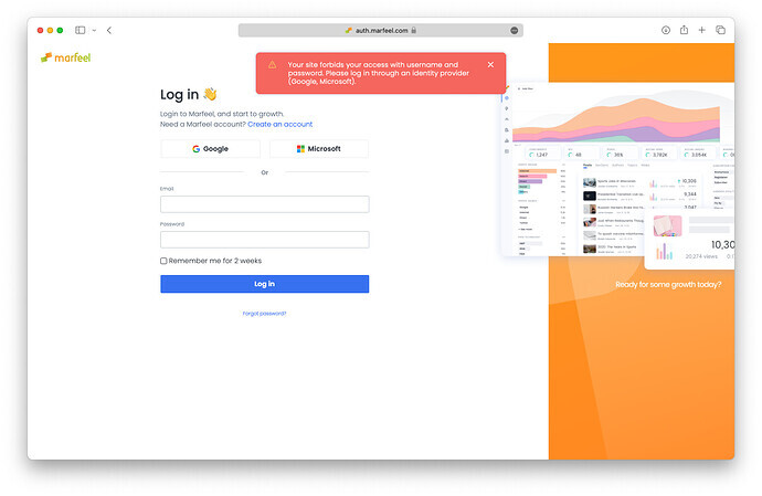 Marfeel login screen showing SSO enforcement error message|690x449
