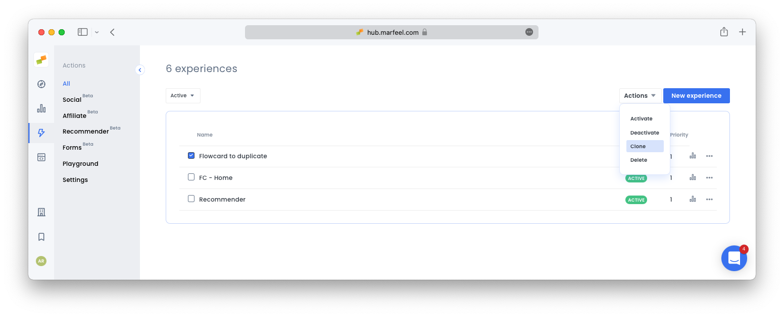 Clone experience dialog showing the option to duplicate an existing Flowcard|690x279