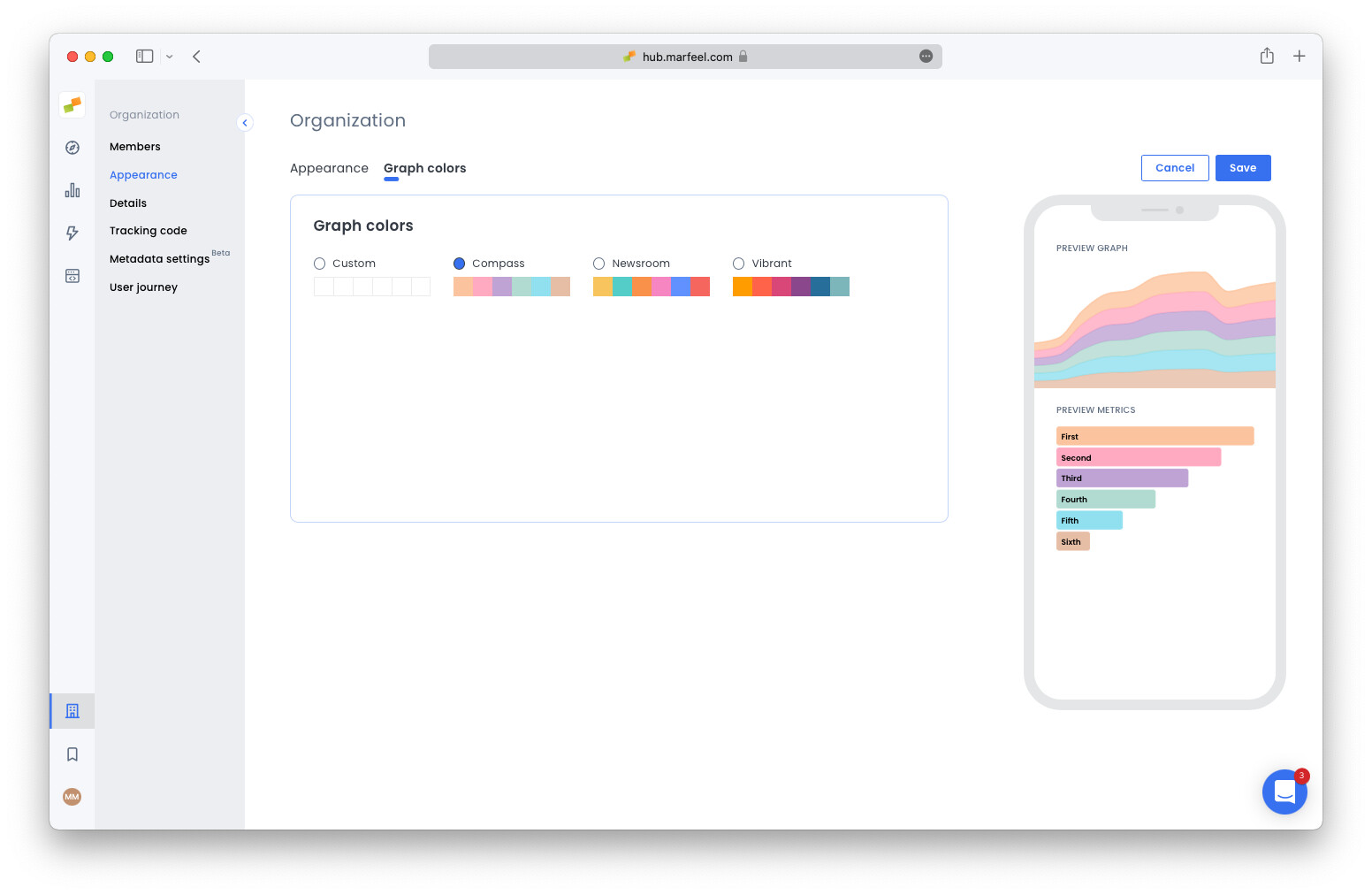 Graphics theme selector showing Compass, Newsroom, and Vibrant options|690x449