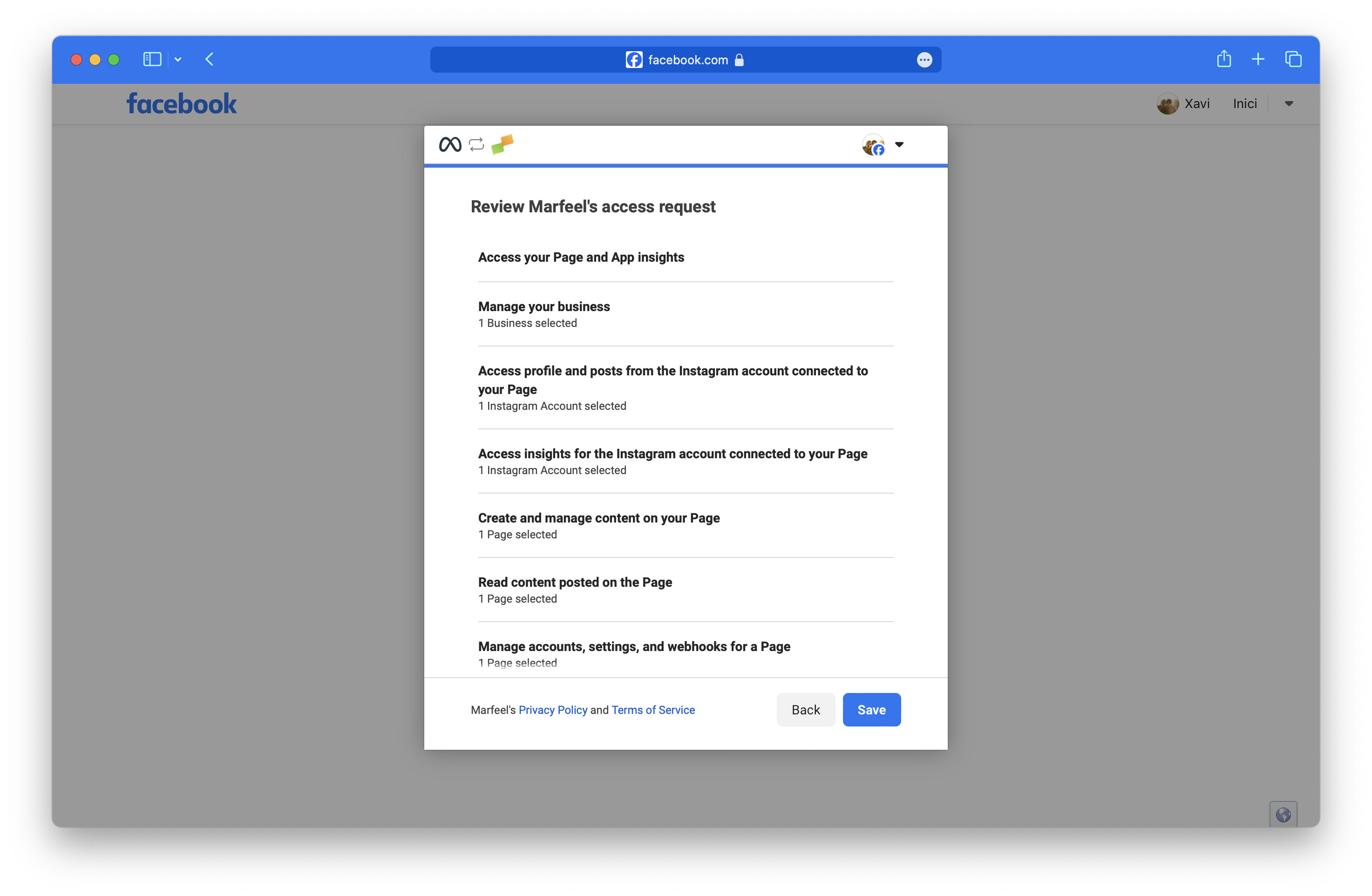 Facebook permissions review screen with a Save button|690x450