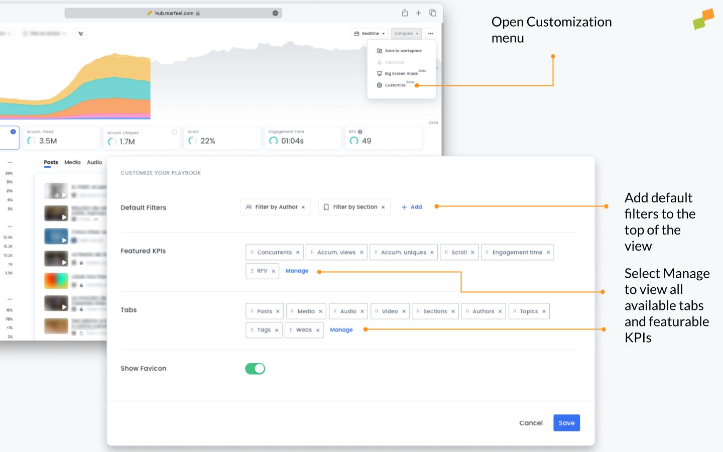 Marfeel Compass customization menu with metric toggles|690x431