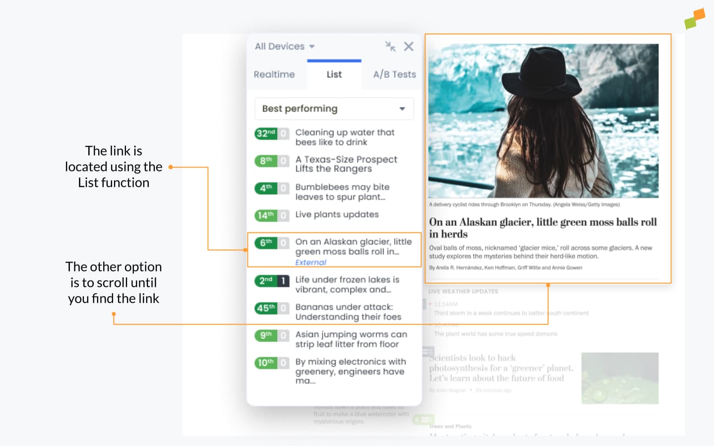 HUD toolbox overlay showing link location and scroll percentage on a live article|690x431