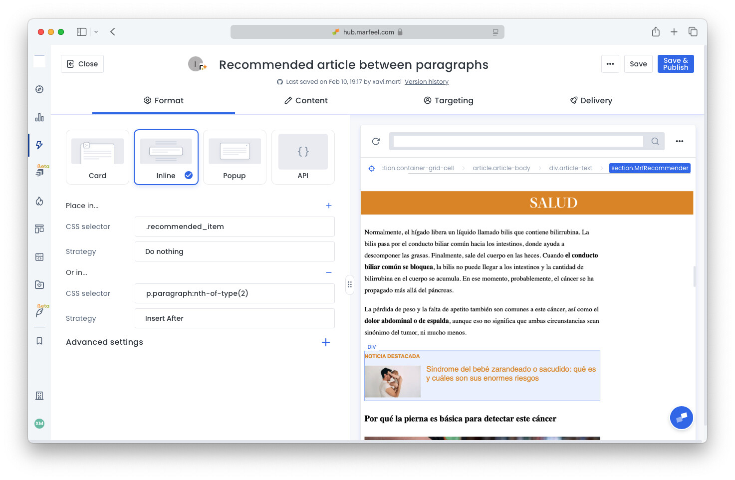 Marfeel Recommender inline fallback placement setup showing two placements with Do Nothing and Insert Below strategies