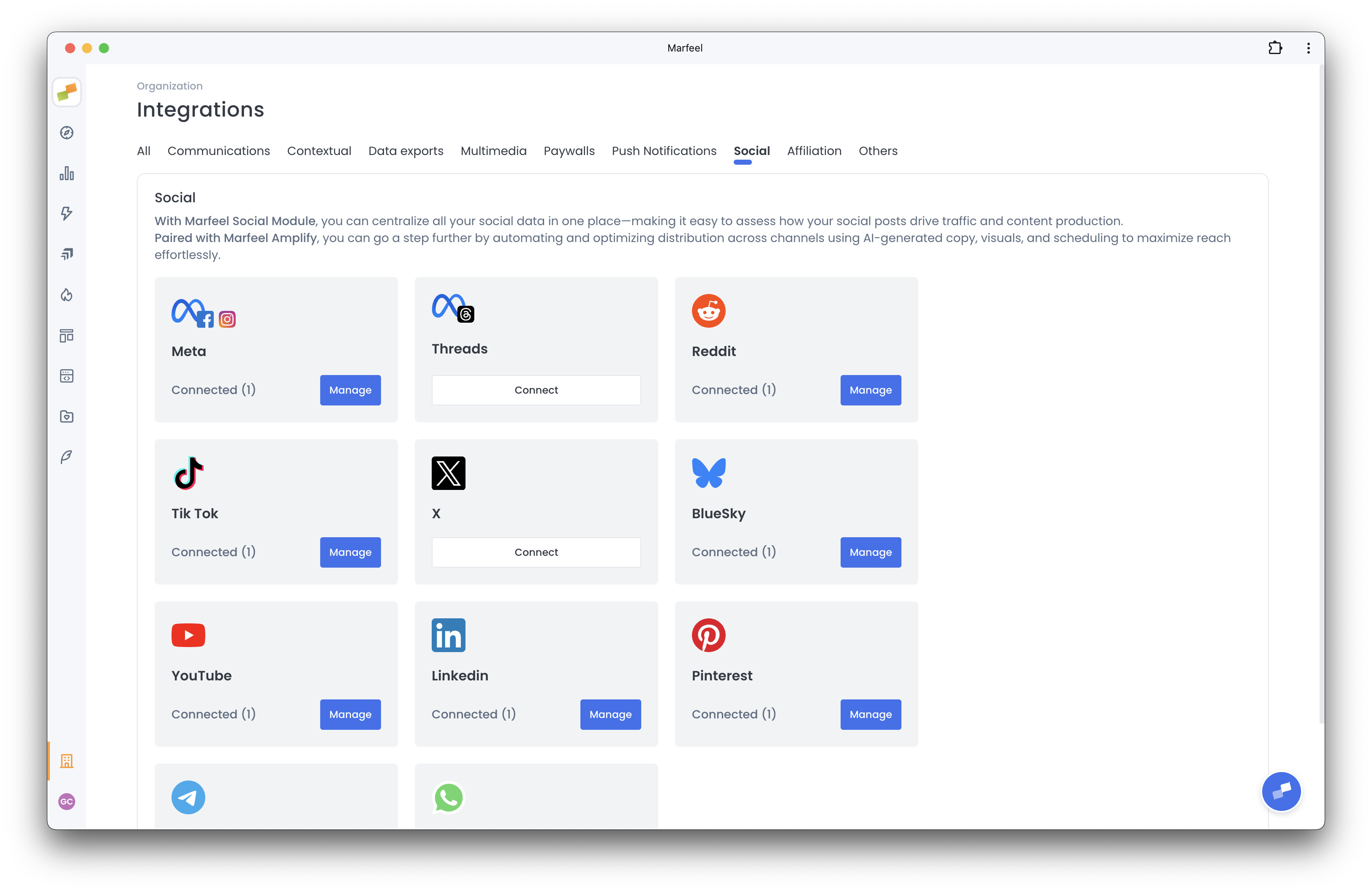 Marfeel Integrations page showing the Social section with available platform connections|690x448