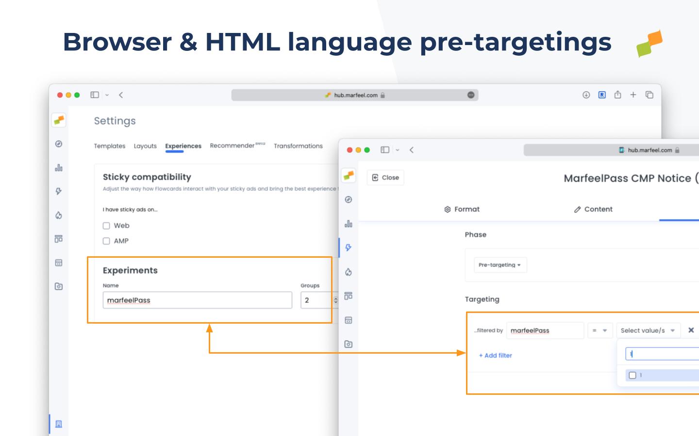 A/B test configuration showing two MarfeelPass notice variants with experiment group pre-targeting|690x431