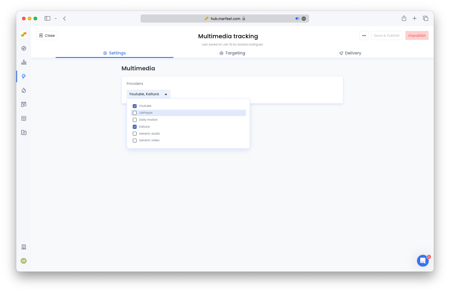 Multimedia Tag Experience dropdown showing available video provider options