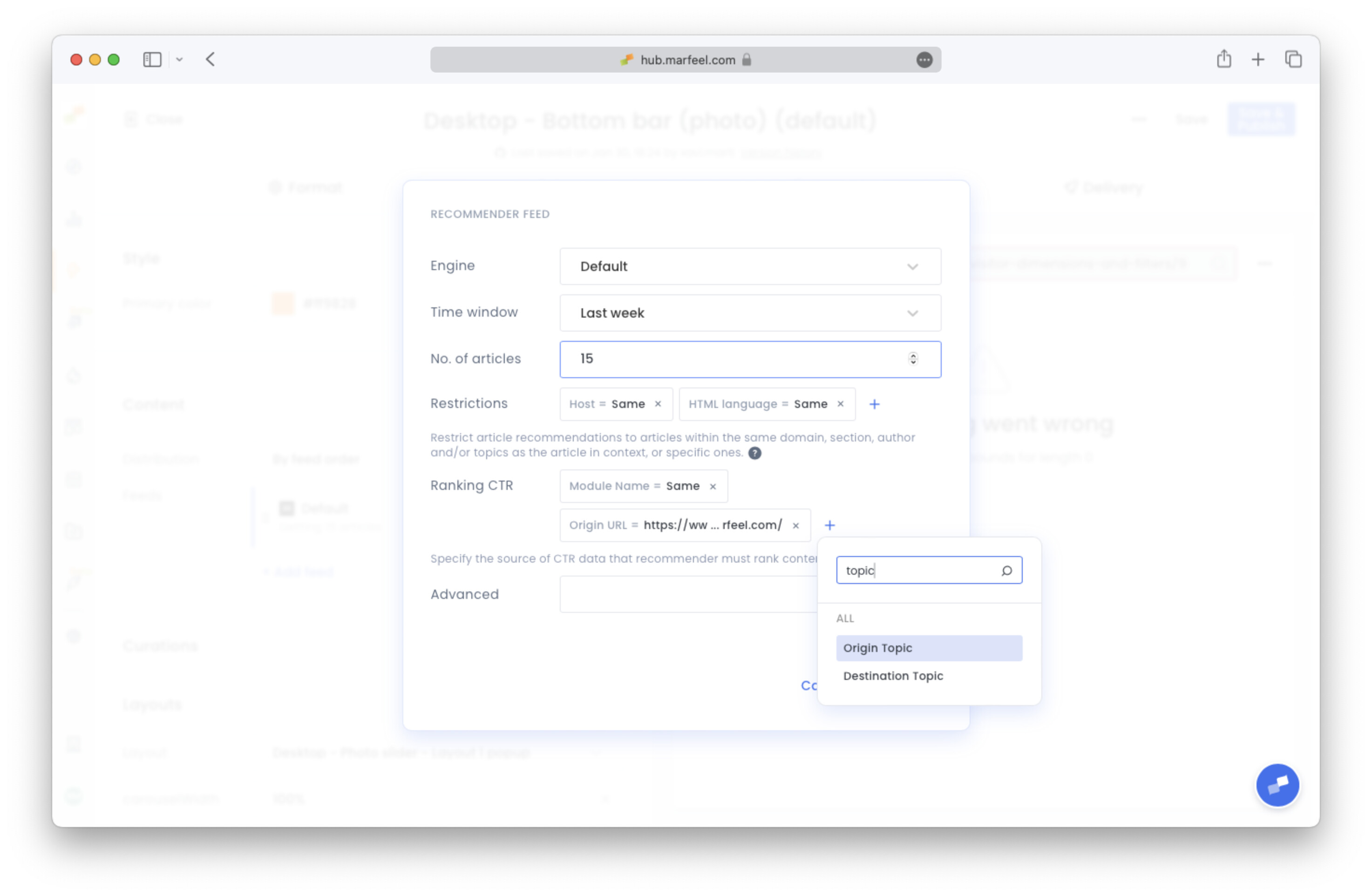 Ranking CTR configuration panel showing module filter options for Open Rate data source|690x450