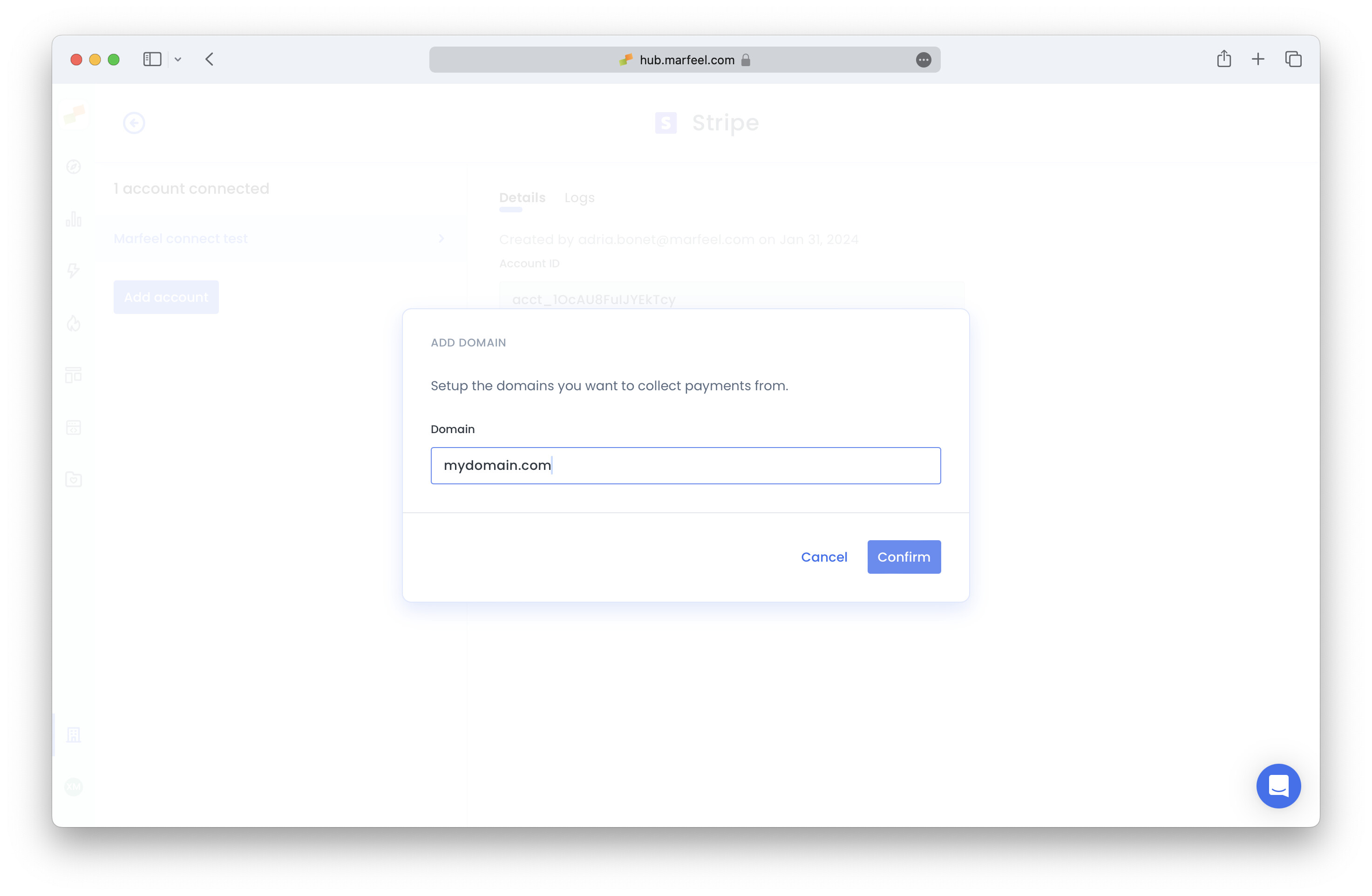 Stripe domain management panel showing the add domain interface|690x450