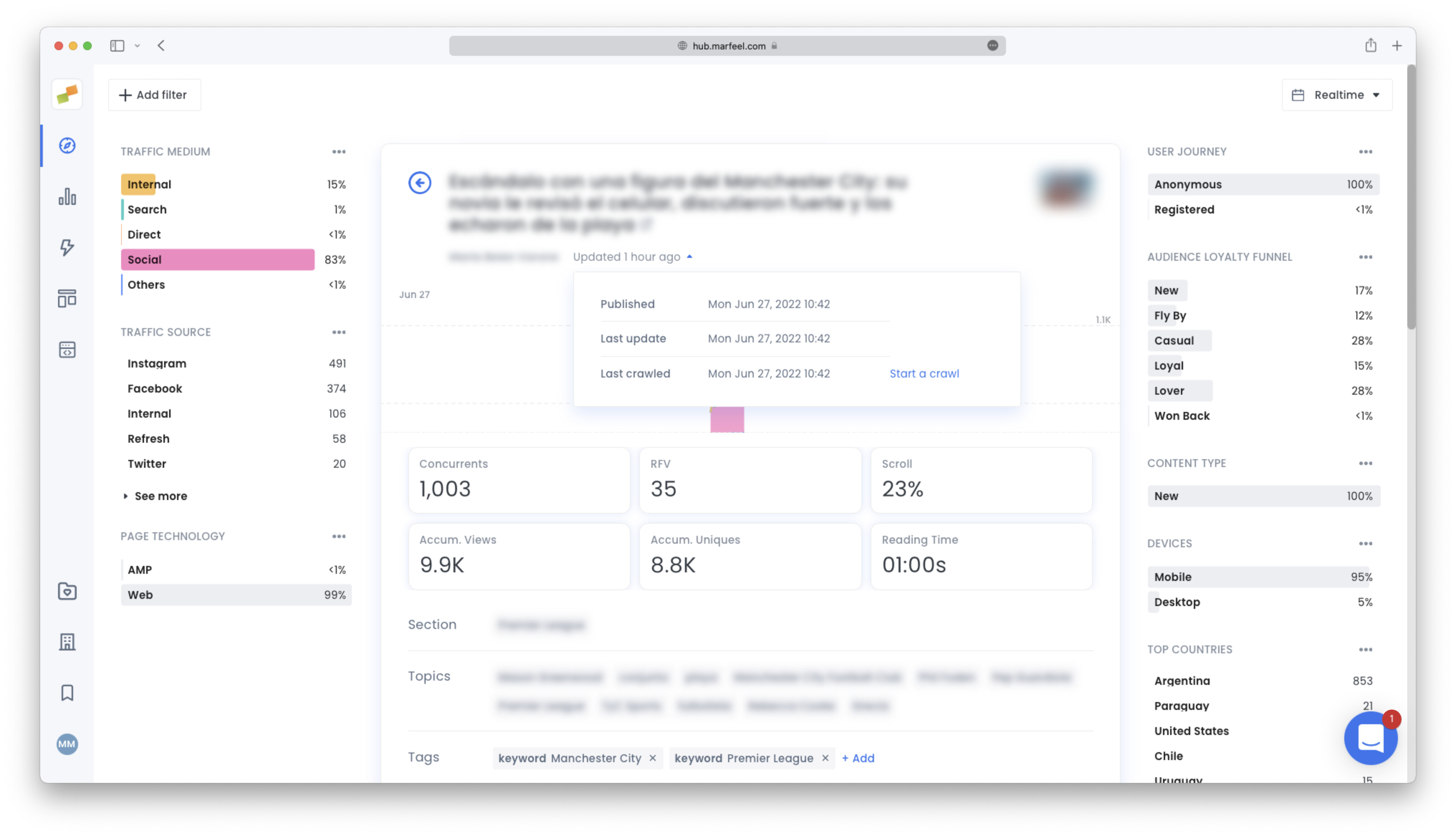 Article details panel showing the manual re-crawl button for the Editorial Crawler|690x396