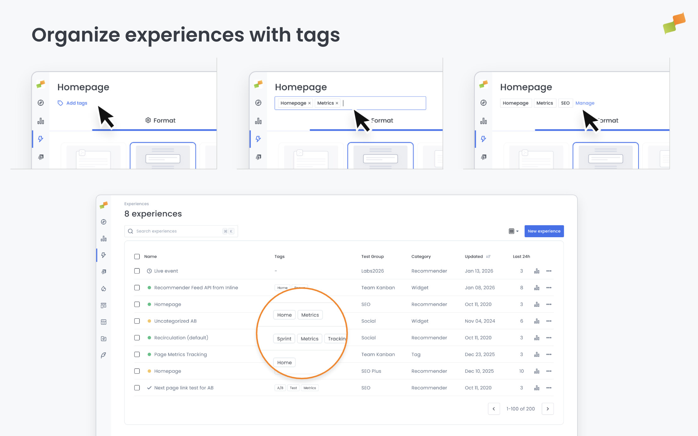 Tags column in the experience list showing clickable tag labels for filtering|690x431