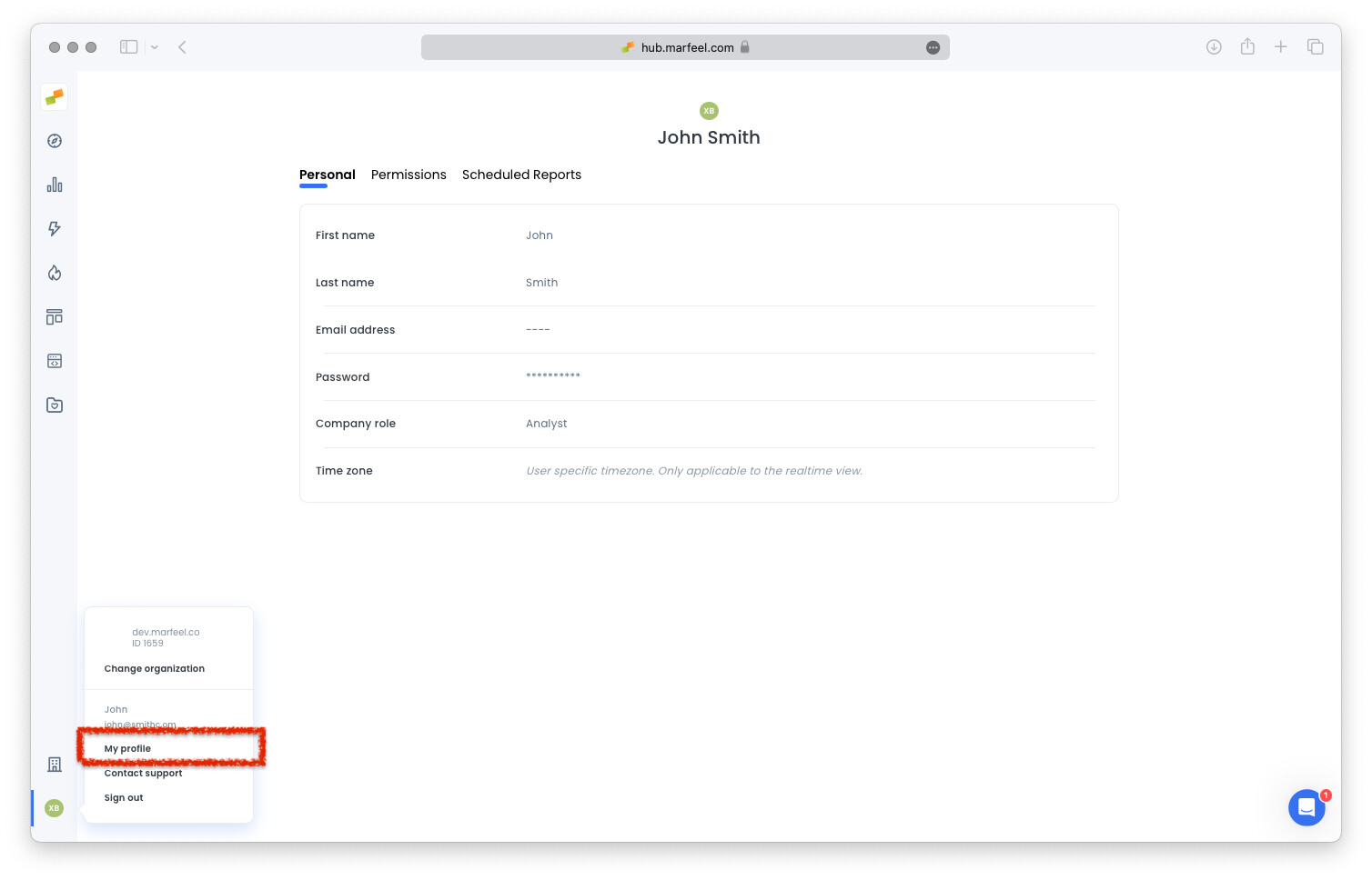 Marfeel My Profile settings page showing user configuration options|690x442