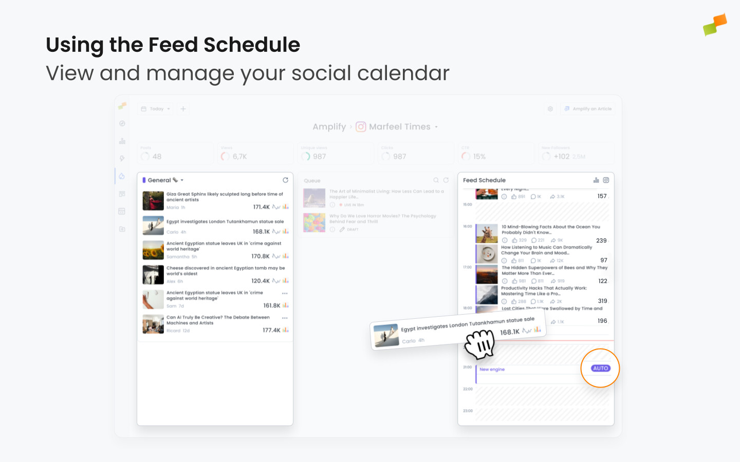 Feed Schedule calendar with published posts, scheduled items, and recommender time blocks|1440x900