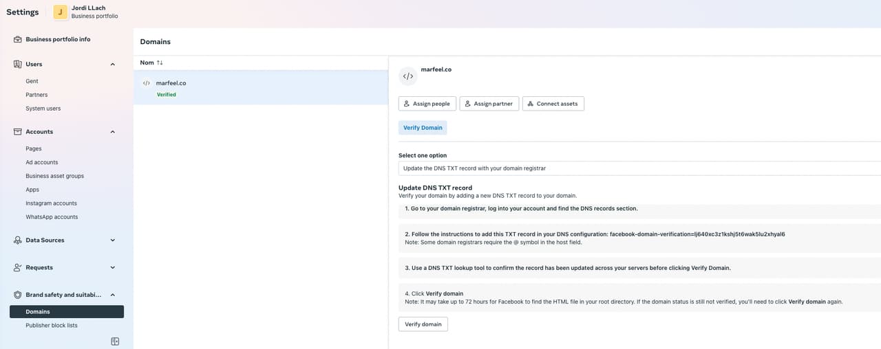 Meta Business Manager domain verification settings screen|690x273