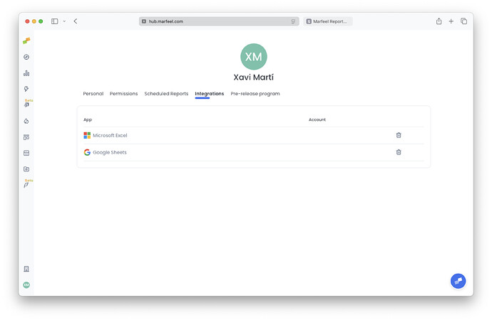 My Profile Integrations page showing connected Google Sheets and Excel accounts|690x450