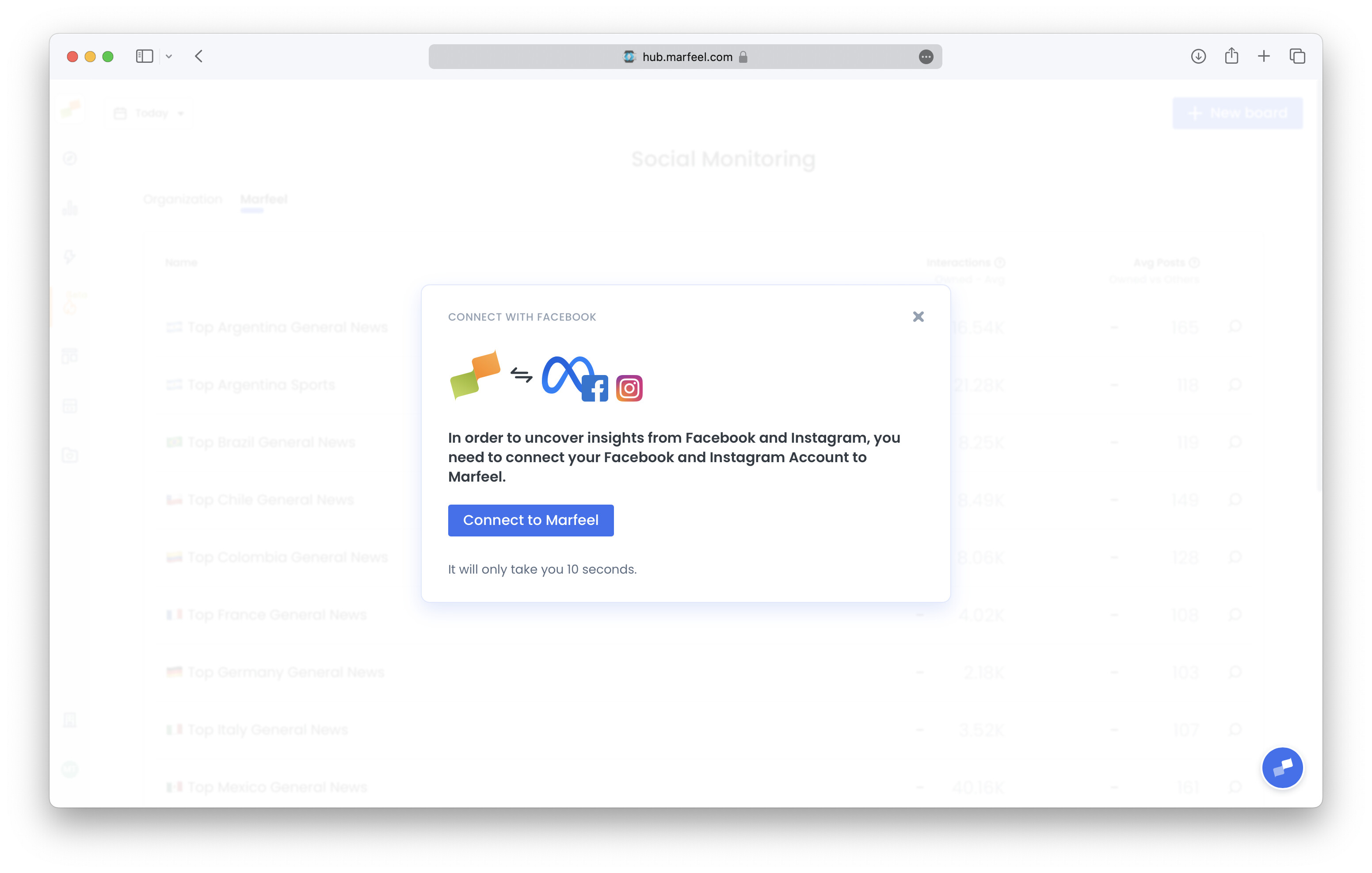 Marfeel Social Monitoring Meta connect Business Portfolio dialog|690x438