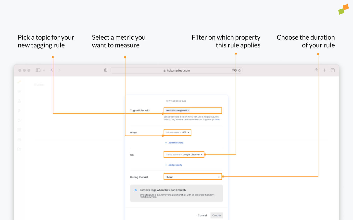 Create tag rule form showing tag name and criteria fields|690x431
